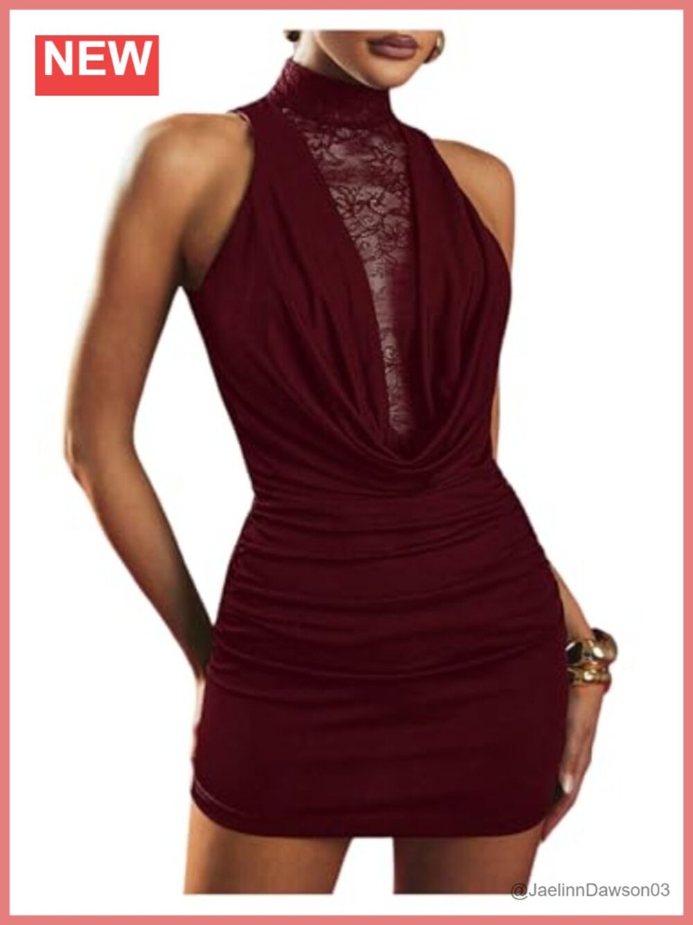 Women's Lace Neck Bodycon Mini Dress Stretch Mesh Party Club Dress